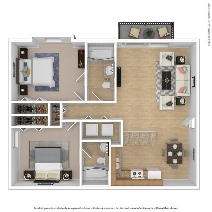 Stylish 3D floor plan with 2 bedrooms, modern living room, and integrated kitchen layout.