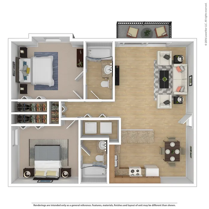 Elegant 3D floor plan highlighting 2 bedrooms, a chic open-concept living area, and a modern kitchen.