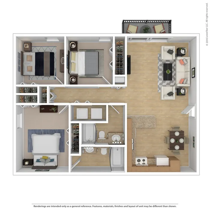 Modern 2D floor plan with two bedrooms, a sleek living room, and an open kitchen-dining area.