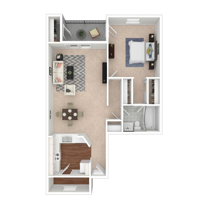 Elegant 3D floor plan with one bedroom, open living-dining area, and a modern kitchen.