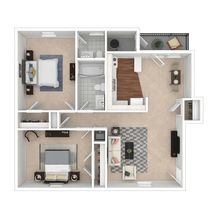 Chic floor plan displaying two bedrooms, a modern kitchen, open living area, and balcony.