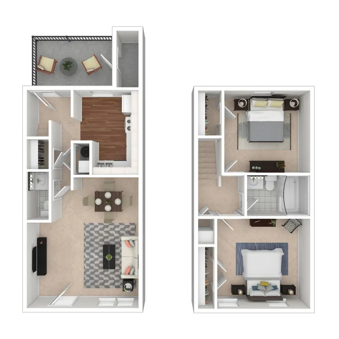 Charming floor plan of a duplex with an open living space, two bedrooms, and a balcony area.
