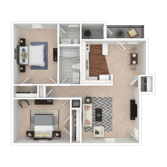 Modern 2D floor plan with 2 bedrooms, open living area, kitchen, and balcony.