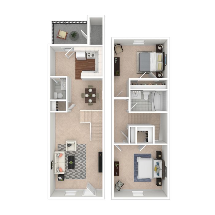 Chic 3D floor plan showcasing a spacious duplex with a modern kitchen and cozy living area.