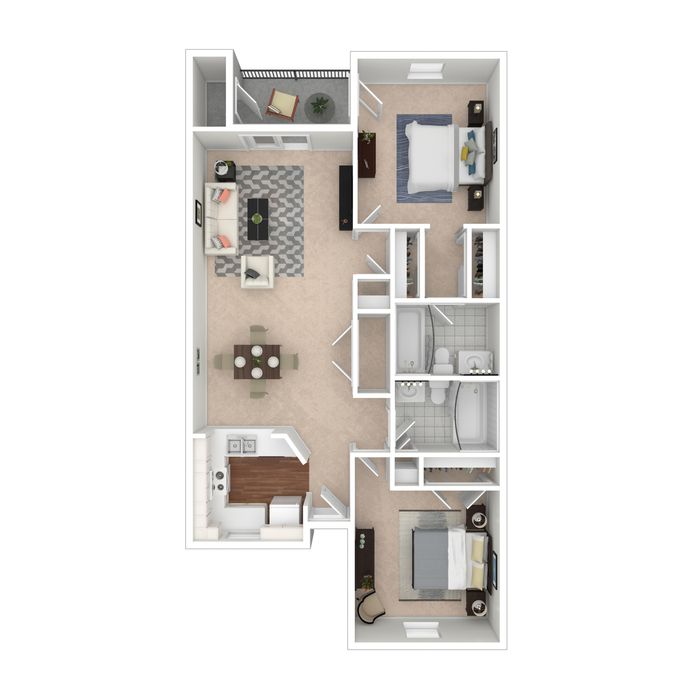3D floor plan displaying 2 bedrooms, 2 bathrooms, open-concept living and dining area, kitchen, and a balcony.