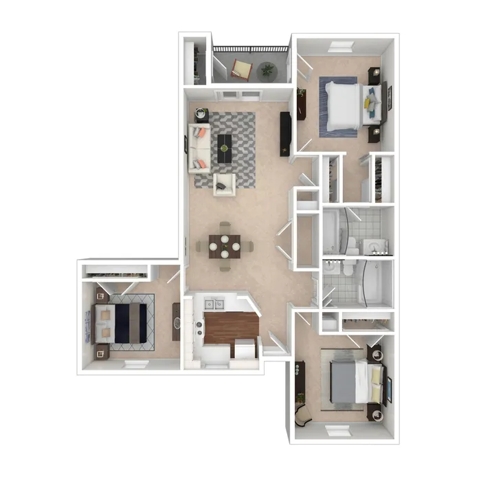 3D floor plan showcasing a contemporary apartment with three bedrooms, open living area, and modern kitchen.