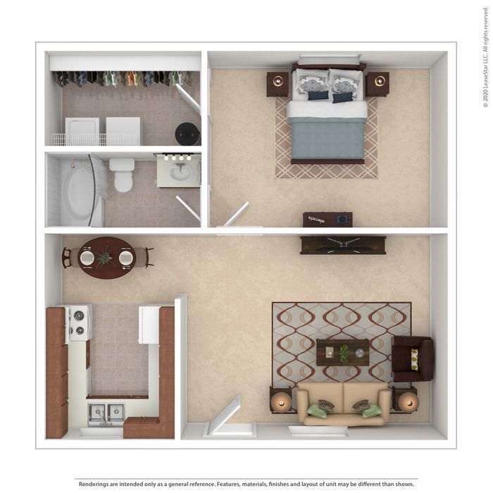 Charming 1-bedroom apartment floor plan featuring a cozy living room, efficient kitchen, spacious bathroom, and a convenient laundry area.