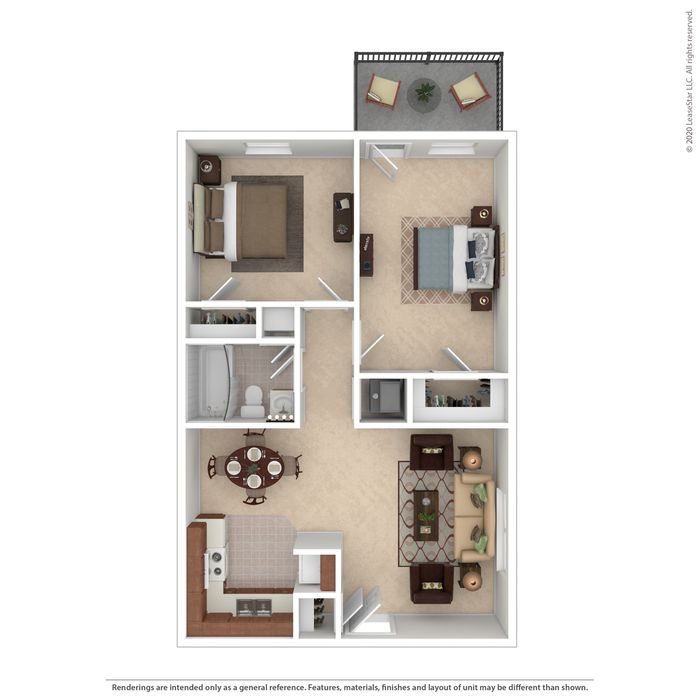 Modern floor plan showcasing 2 spacious bedrooms, a cozy living room, open kitchen with dining area, and a chic bathroom. Includes a quaint balcony with seating.
