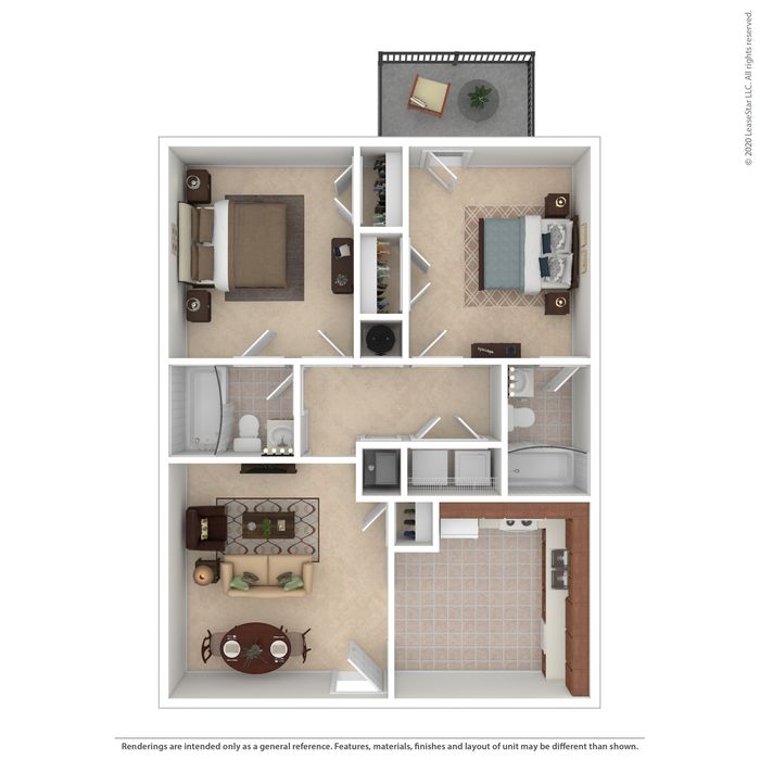 Elegant 2D floor plan showcasing 2 cozy bedrooms, a modern kitchen, and a inviting living-dining area with balcony access.