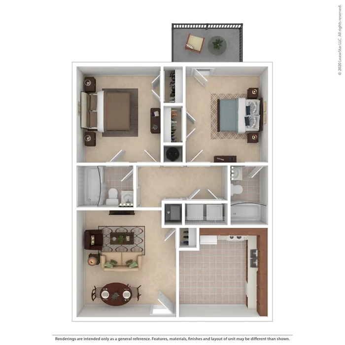 Chic 3D floor plan showcasing two spacious bedrooms, a cozy living room, and modern kitchen with elegant details.
