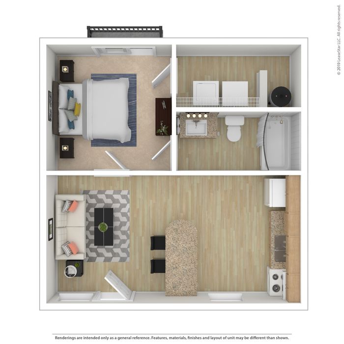 Modern 3D floor plan showcasing a cozy one-bedroom apartment with an open-concept living area, stylish kitchen, and a sleek bathroom design.