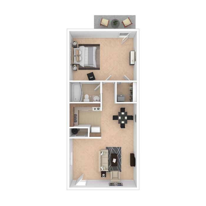 Modern 2D floor plan featuring a cozy 1-bedroom layout with an open living area, sleek kitchen, spacious bathroom, and charming balcony space.