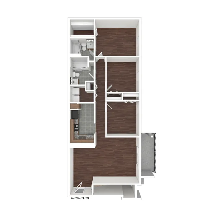 Modern 3D floor plan featuring two bedrooms, a sleek kitchen, and a spacious open living area with wood flooring.