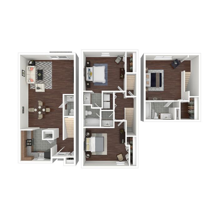 Contemporary 3D floor plan showcasing three spacious bedrooms, an inviting open-concept living and dining area, and a modern kitchen.