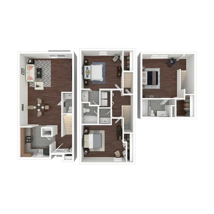 Elegant 3D floor plan showcasing three spacious bedrooms, a modern open-concept living and dining area, and a sleek kitchen.