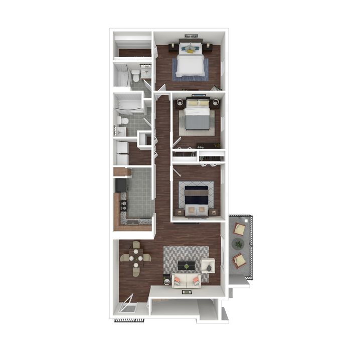 Modern 2D floor plan showcasing 2 bedrooms, stylish open-concept living and dining area, fully-equipped kitchen, and balcony.