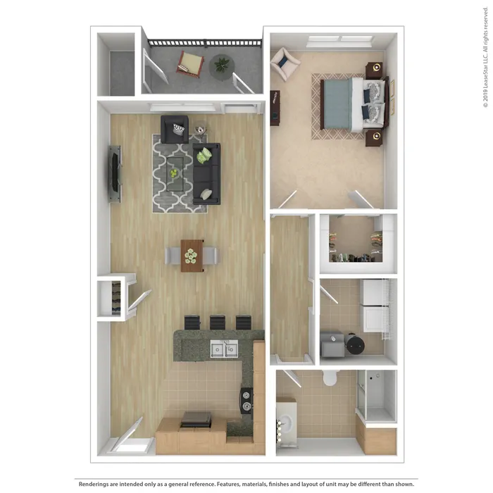 Contemporary floor plan with one bedroom, spacious open-plan living and dining area, modern kitchen with island, and balcony access.