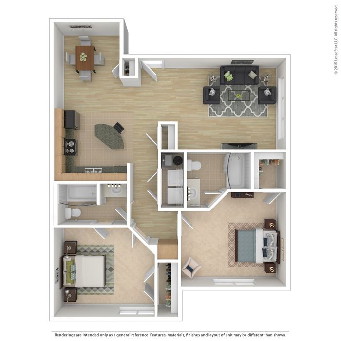 Modern 3D floor plan showcasing 2 spacious bedrooms, 2 bathrooms, an open-concept living room, and a sleek kitchen with dining area for stylish comfortable living.