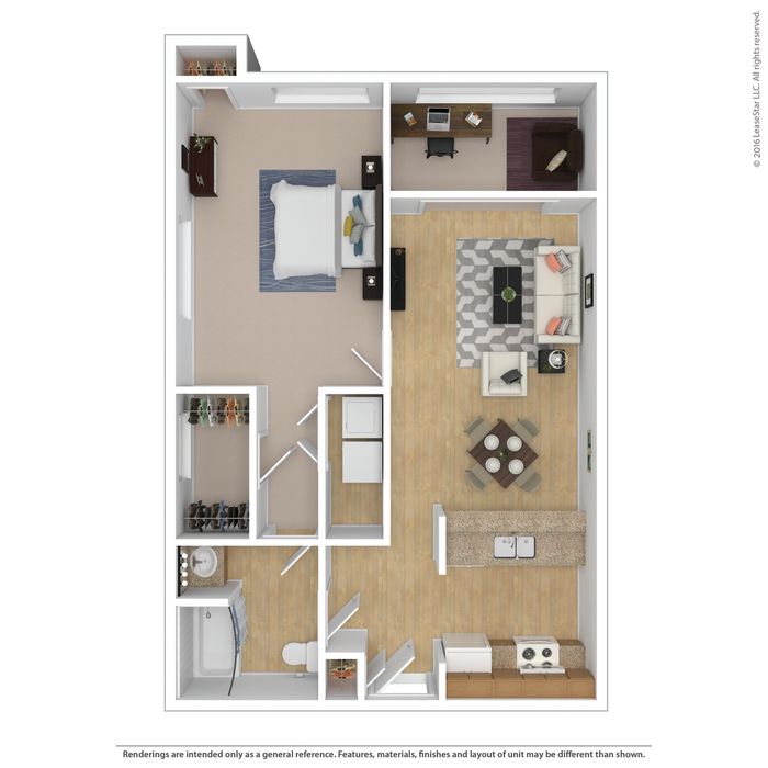 Modern 1-bedroom apartment floor plan with spacious living area, cozy home office, and elegant kitchen space.
