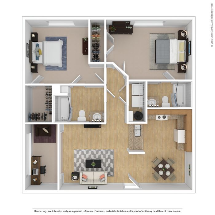 Modern 2D floor plan featuring 2 spacious bedrooms, 2 bathrooms, a cozy living room, and an open kitchen layout with dining area.