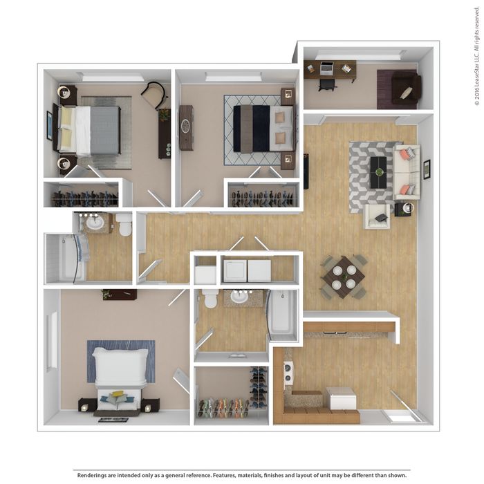 Modern 3D floor plan showcasing a spacious layout with three bedrooms, an open living and dining area, two bathrooms, and a functional kitchen.