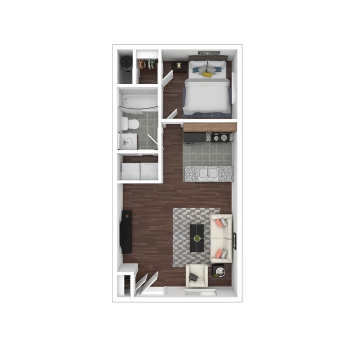 Modern 2D floor plan showcasing a cozy one-bedroom apartment with an open-plan living area, stylish kitchen, and a chic bathroom.