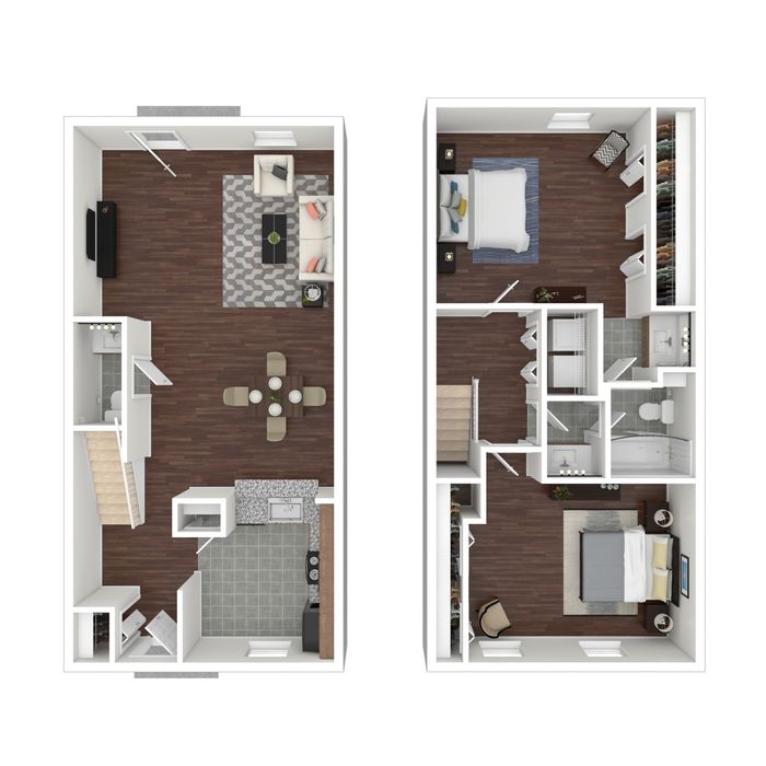 Chic two-story floor plan featuring 2 spacious bedrooms, elegant open-concept living and dining area, modern kitchen with sleek finishes, and stylish bathrooms.