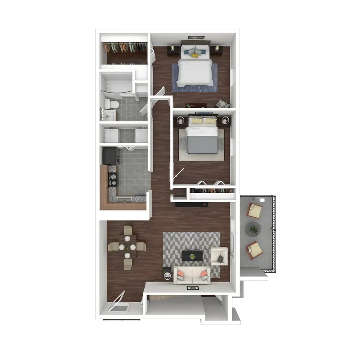 Contemporary 2-bedroom apartment floor plan with sleek kitchen, cozy living area, and charming balcony.