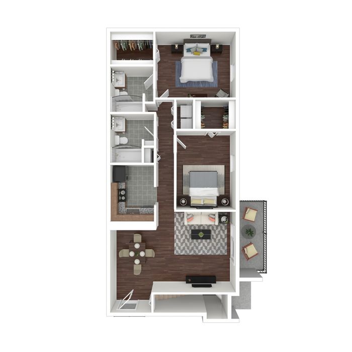 Modern 2D apartment floor plan featuring two spacious bedrooms, two bathrooms, an open living and dining area, a sleek kitchen, and a cozy balcony for outdoor relaxation.