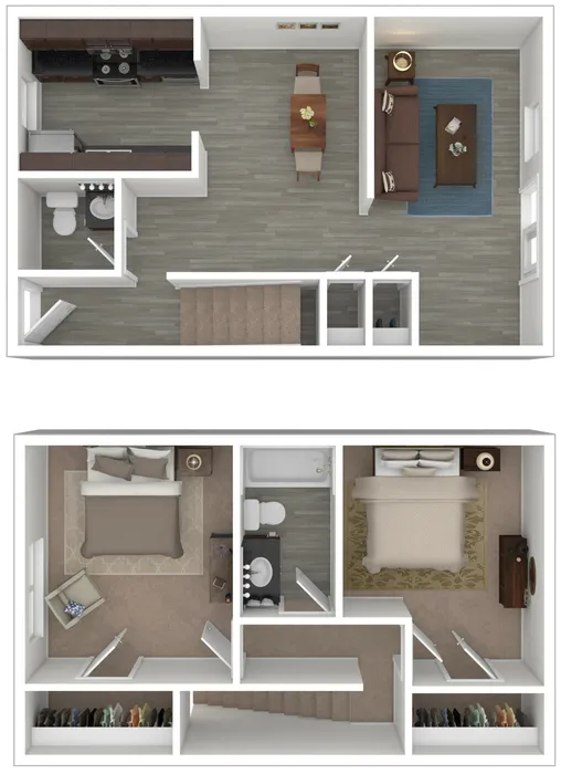 Modern duplex floor plan showcasing two well-appointed bedrooms, a stylish open-concept living and dining area, sleek kitchen, and elegant bathroom layout.