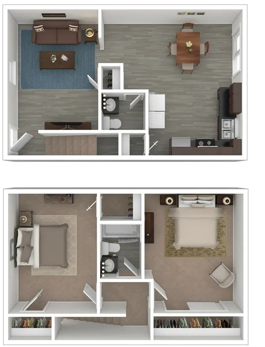 Chic two-story floor plan with 2 bedrooms, open-concept living and dining area, modern kitchen, and convenient upstairs laundry. Cozy living room with stylish furnishings, perfect for relaxation.