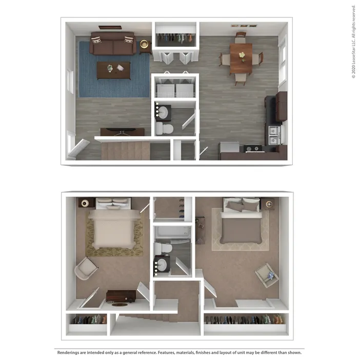 Elegant two-level floor plan showcasing a spacious layout with two bedrooms, a modern kitchen, cozy living room, dining area, and multiple bathrooms, perfect for comfortable living.