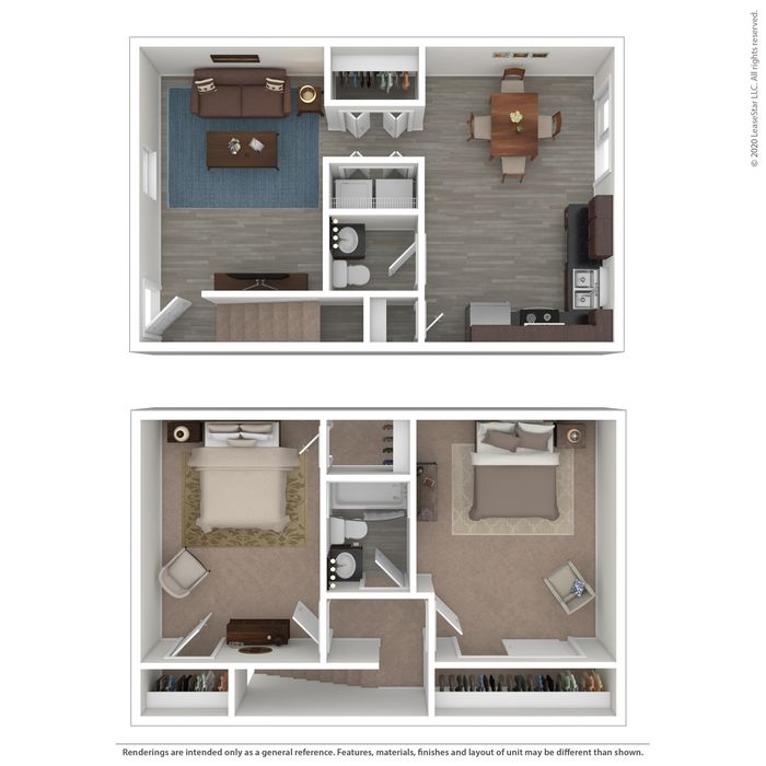 Elegant two-story apartment floor plan featuring 2 spacious bedrooms, an inviting living room, modern kitchen, and dining area, perfect for stylish living.