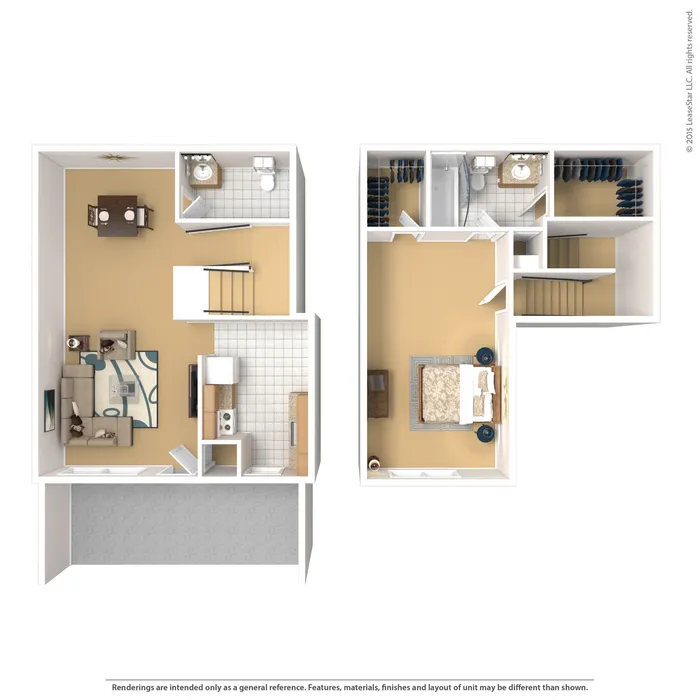 Charming 2-level floor plan showcasing a cozy living room, modern kitchen, dining area, 1 bedroom, and 1.5 baths with ample storage space.