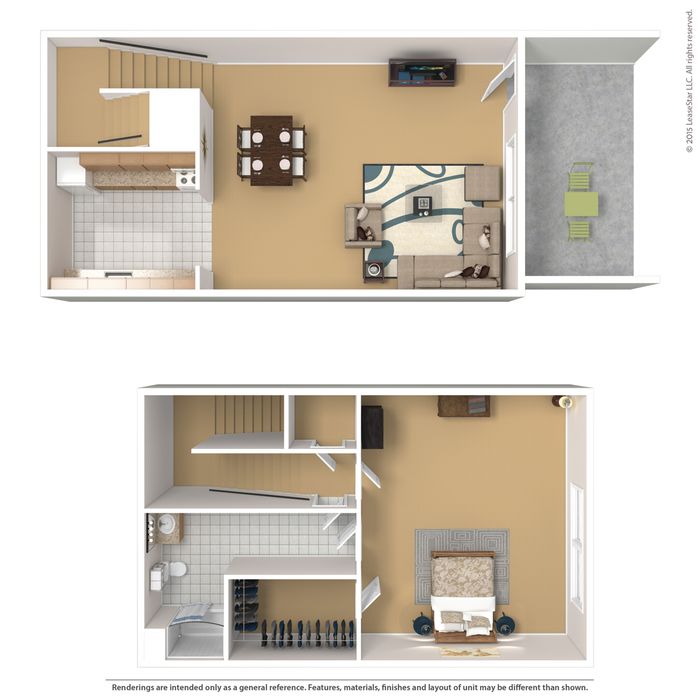 Modern 2D floor plan showcasing a two-story apartment with spacious living room, dining area, open kitchen, elegant bedroom, stylish bathroom, and cozy balcony.