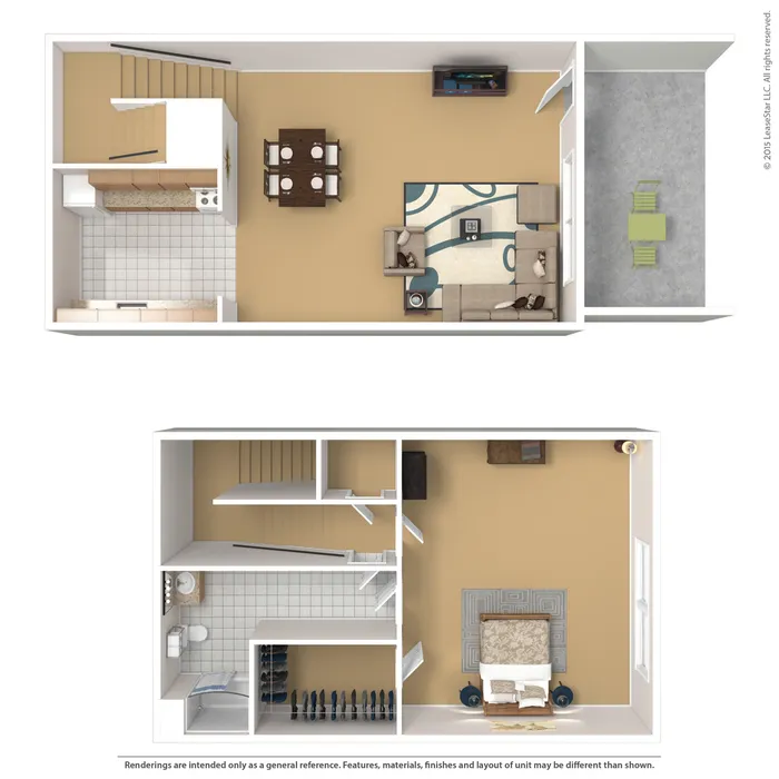Modern two-level floor plan featuring a spacious living room, stylish kitchen, and dining area on the first floor; cozy bedroom and bathroom on the upper floor, complete with balcony views.