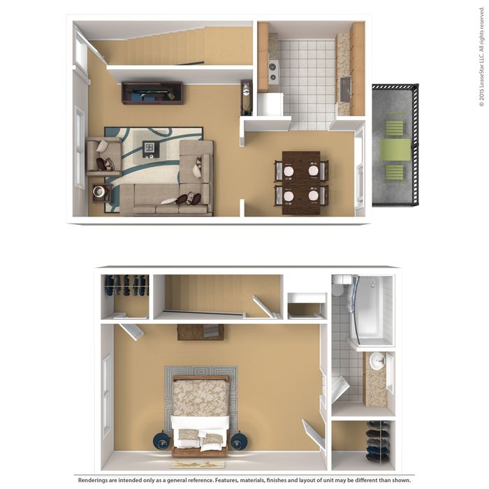 Chic two-level floor plan featuring a modern open-plan living area, stylish kitchen, inviting dining room, and cozy bedroom with luxurious bathroom.