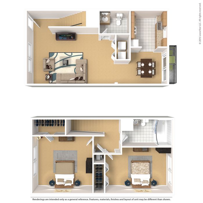 Elegant 2D floor plan highlighting a duplex layout with two bedrooms, spacious living room, modern kitchen, and dining area.