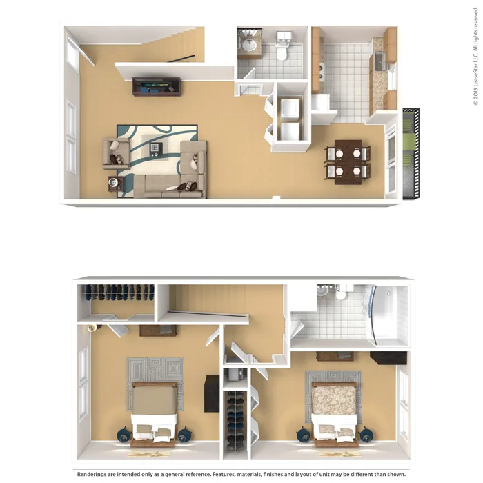 Modern apartment floor plan showcasing two levels, featuring a spacious living room, elegant dining area, and a well-equipped kitchen on the main floor; two cozy bedrooms with ample storage and a stylish bathroom on the upper level.
