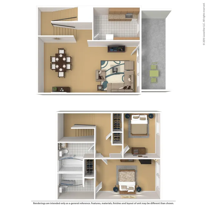 Elegant 3D floor plan showcasing a two-story layout with a spacious living room, dining area, modern kitchen, two cozy bedrooms, and a stylish balcony. Ideal for comfortable living.