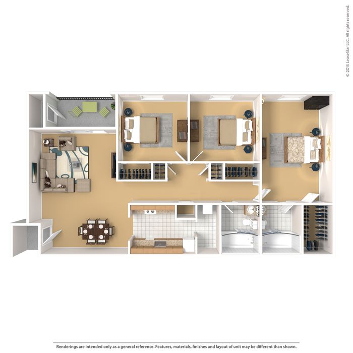 Elegant 3D floor plan featuring 3 spacious bedrooms, cozy living area, modern kitchen, and inviting balcony.