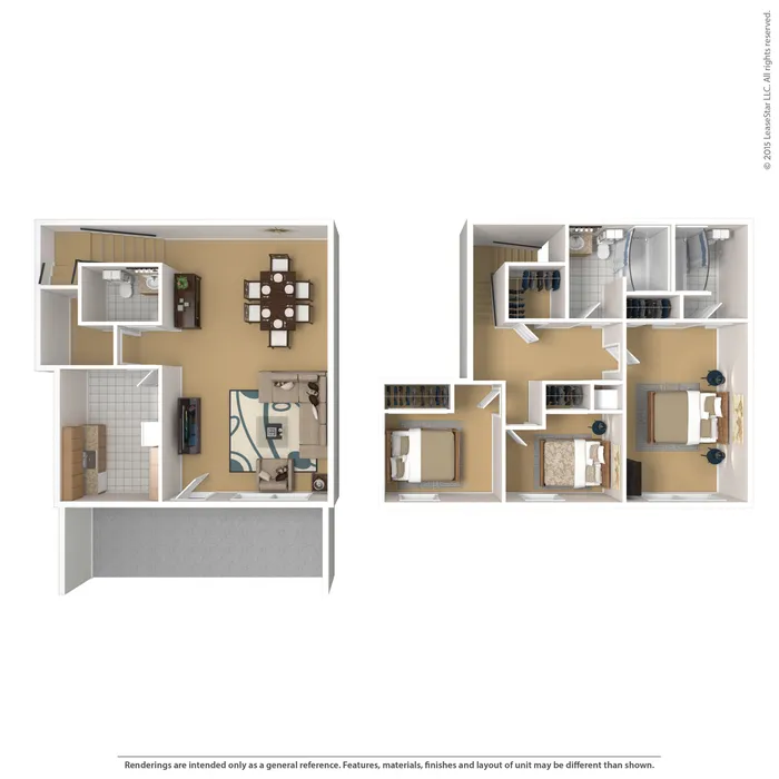 Modern duplex floor plan showcasing three spacious bedrooms, cozy open living and dining area, and a sleek kitchen, perfect for comfortable family living.