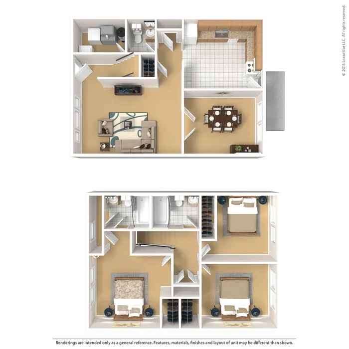 Modern 3D floor plan showcasing spacious two-story layout with 3 bedrooms, elegant living area, and gourmet kitchen, perfect for stylish living.