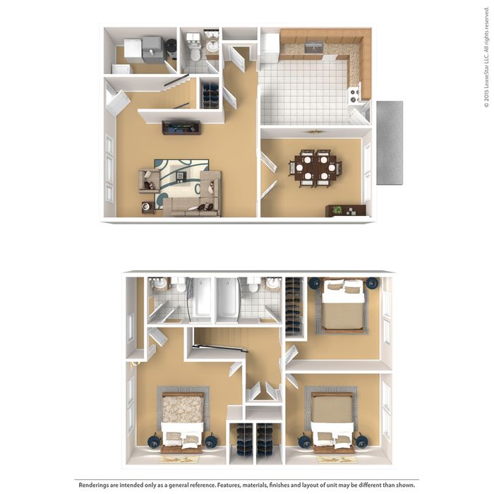 Chic two-story floor plan featuring 3 bedrooms, open living area, modern kitchen, and dining room, designed for comfort and style.