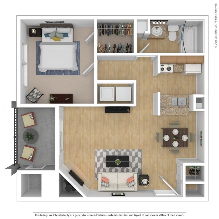 Modern floor plan showcasing a cozy one-bedroom apartment featuring a spacious open-concept living and dining area, stylish kitchen, and a charming balcony.