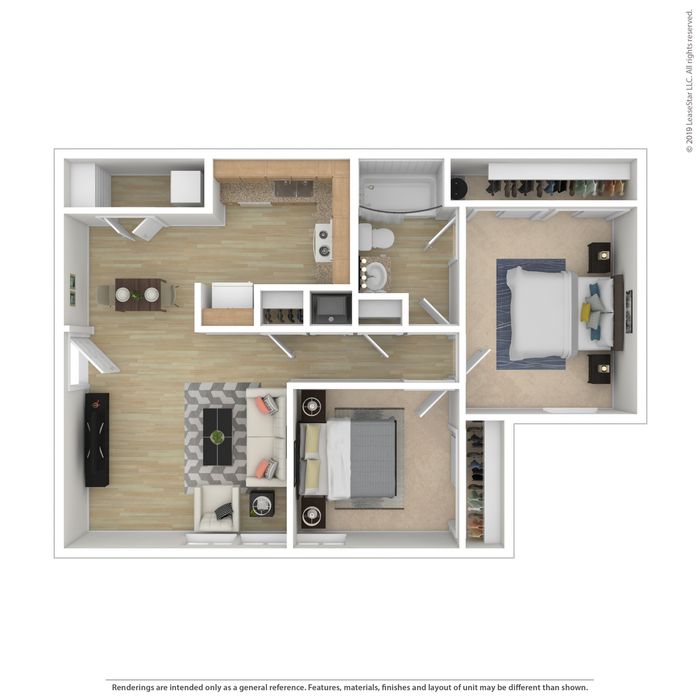 Modern apartment floor plan featuring two cozy bedrooms, an open-concept living and dining area, and a well-equipped kitchen.