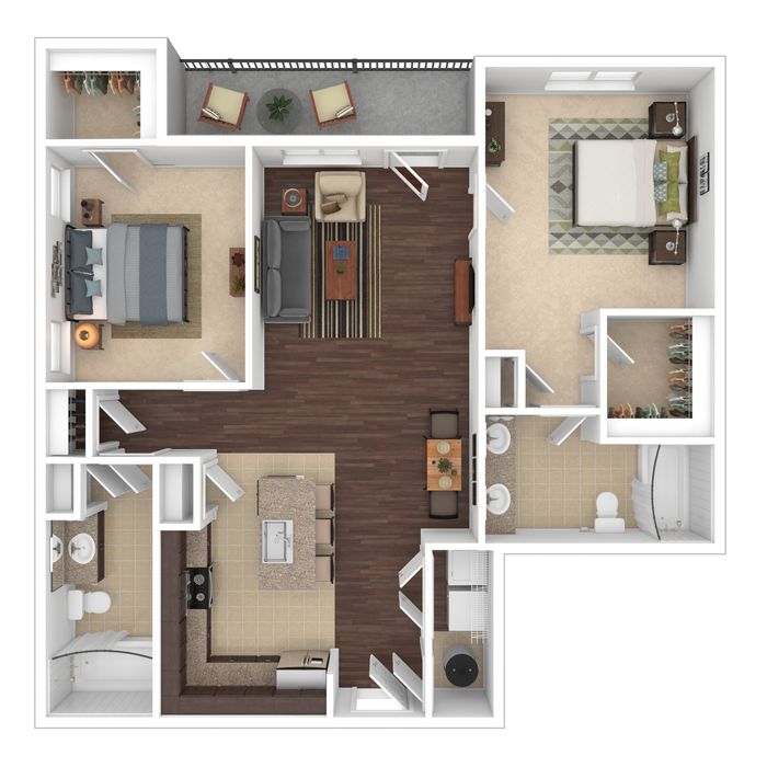 Chic floor plan featuring two spacious bedrooms, open-plan living and dining area, modern kitchen with island, and two elegant bathrooms. Includes a balcony for outdoor relaxation.
