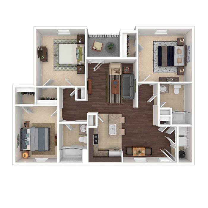 Modern 3-bedroom apartment floor plan featuring a spacious open-concept living area, elegant kitchen with island, and two well-appointed bathrooms.