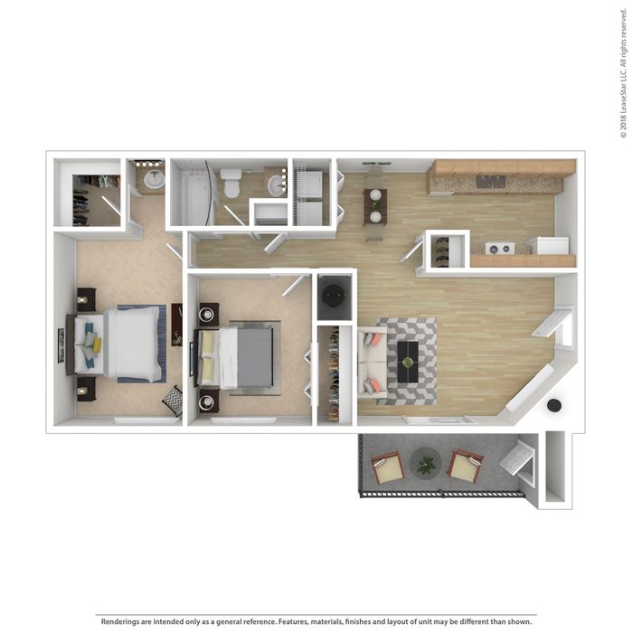 Modern 3D floor plan showcasing two spacious bedrooms, a stylish open-concept living room, and a sleek kitchen with premium finishes.