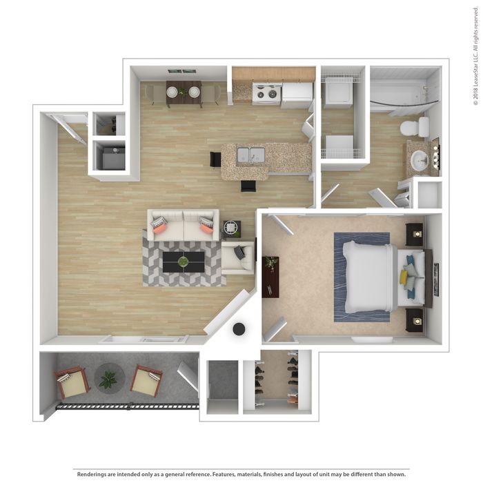 Modern 3D floor plan depicting a one-bedroom apartment with an open-concept living area, stylish kitchen with breakfast bar, cozy bathroom, and private balcony.
